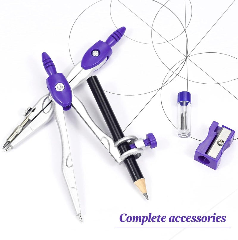 Vobou Math Geometry Kit Sets 10 Piece Student Supplies with Shatterproof Storage Box,Includes Rulers,Protractor,Compass,Eraser,Pencil Sharpener,Lead Refills,Pencil,for Drafting（Purple） - Image 3